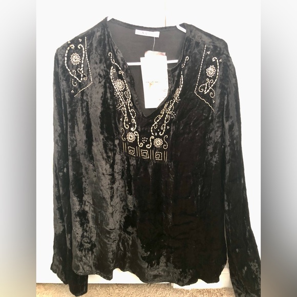 Tops - Stella Forest Women’s black velvet with beading V-neck blouse